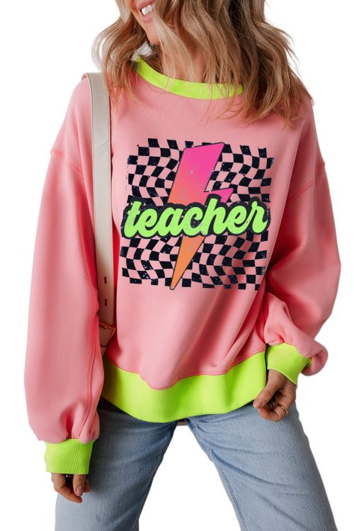 Women's Pink Teacher Lightning Checkered Print Color Block Sweatshirt