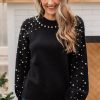 Elegant Women's Black Pearl Beaded Bishop Sleeve Sweater for Special Occasions - Image 13