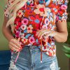 Women's Brown Flower Print Self Tie Frilled Collar Puff Sleeve Blouse - Image 9