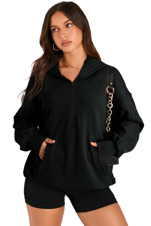 Women's Oversized Black Solid Half Zipper Hoodie with Kangaroo Pocket