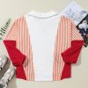 Women's Oversized White Striped Color Block Collared V Neck Sweatshirt - Image 4