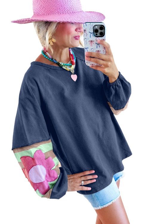 Women's Sail Blue Flower Patchwork Oversized Pullover Shirt