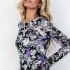 Women's Black Floral Print Mesh Fitted Long Sleeve Top - Elegant & Chic - Image 2