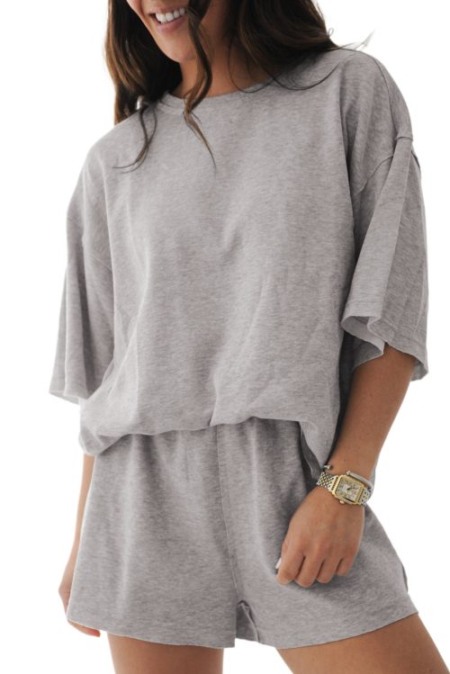 Women's Gray Solid Color 2-Piece Shorts Set - Casual Loose Tee and High Waist Shorts