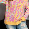 Plus Size Bright Pink Leopard Ribbed Trim Long Sleeve Sweater - Image 8