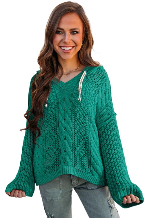 Women's Sea Green Cable Knit V Neck Hooded Sweater with Drawstring