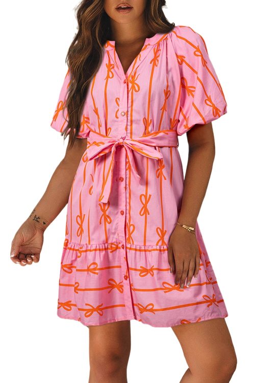 Women's Pink Bowknot Striped Printed Bubble Sleeve Mini Dress with Belt