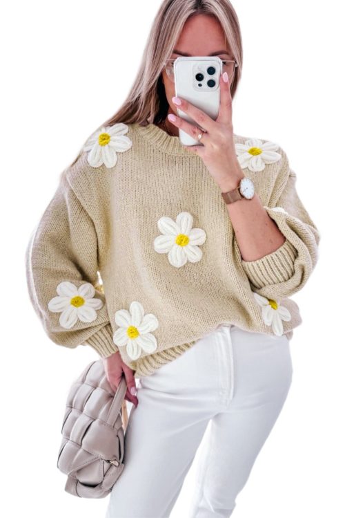 Women's Parchment Floral Crochet Chunky Knit Sweater