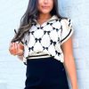 Women's Black Preppy Vibes Bow Print Zipped Collar Short Sleeve Sweater Tee - Image 2