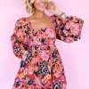 Women's Pink Bohemian Square Neck Puff Sleeve Mini Dress - Flowy Fit for Everyday & Special Occasions - Image 3