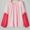 Women's Plus Size Pink Contrast Floral Patchwork Long Sleeve Blouse - Image 6