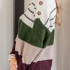 Women's Green Color Block Striped Buttoned Shoulder Split Sweater - Image 3