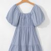 Women's Sky Blue Stripe Bubble Sleeve Square Neck Ruched Pocketed Babydoll Dress - Image 15