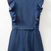 Women's Sail Blue Denim Ruffled Zipped Front Belted Romper - Trendy Summer Fashion - Image 9