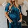 Women's Prussian Blue Velvet Short Sleeve Shirred Waist Tiered Maxi Dress - Elegant Boho Style - Image 6