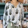 Women's Beau Blue Striped Floral Printed Long Sleeve Tied V Neck Blouse - Image 4