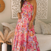 Women's Pink Abstract Floral Print Shirred One Shoulder Maxi Dress for Summer - Image 8