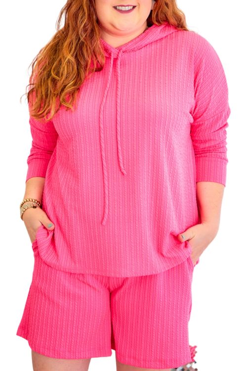 Women's Rose Red Textured Hoodie and Shorts Plus Size Two-Piece Set