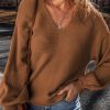 Women's Camel Ribbed Knit Drop Sleeve V Neck Loose Fit Sweater - Cozy & Chic - Image 2