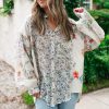 Women's Purple Boho Floral Bishop Sleeve Button Up Loose Shirt - Image 7