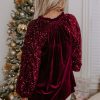 Women's Red Velvet Top with Sequin Patchwork Sleeves - Button Up Style - Image 2