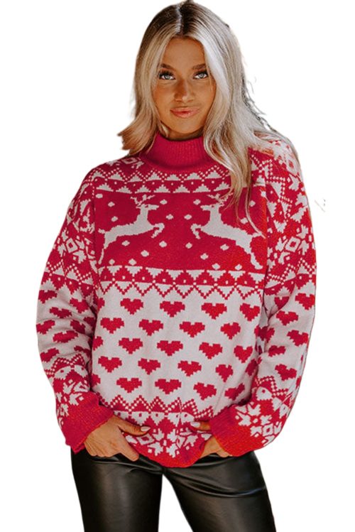 Women's Fiery Red Merry Christmas Reindeer Heart Pattern High Neck Sweater