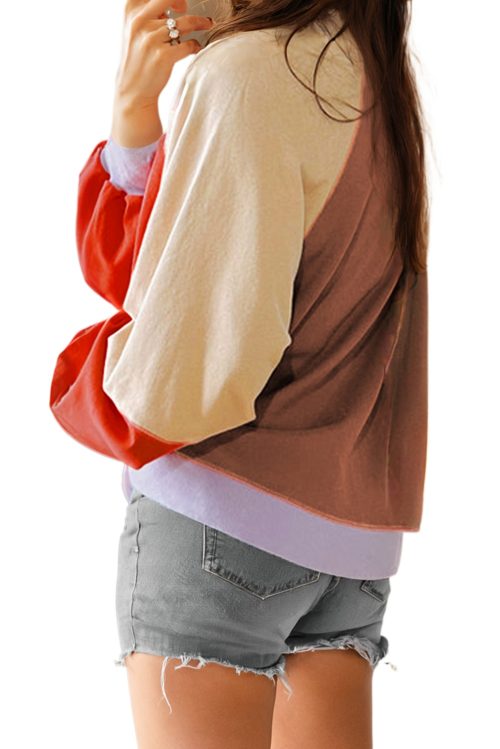 Women's Orange Color Block Side Slits Raglan Sleeve Long Sleeve Top