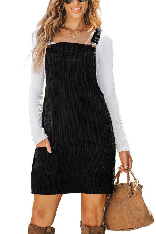 Women's Black Corduroy Front Pockets Sleeveless A-Line Mini Dress