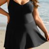 Women's Black Plus Size Solid Pleated Ruffled One Piece Swim Dress for Beach Days - Image 9