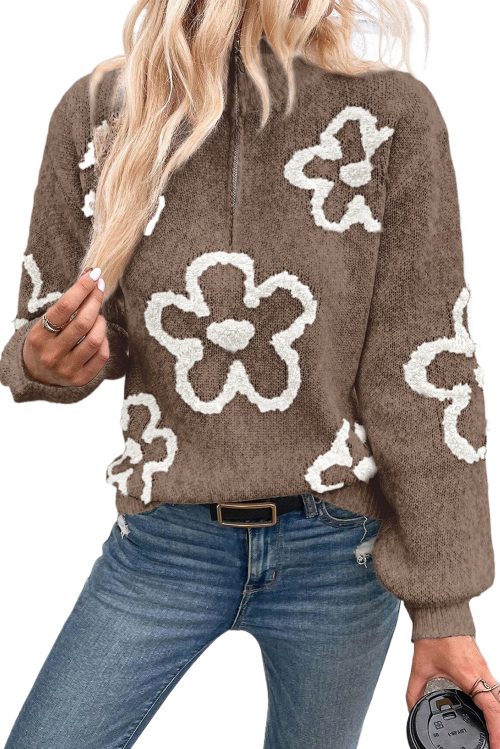 Women's Elegant Parchment Contrast Floral Half Zipper Sweater