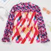 Women's Rose Red Abstract Geometric Patchwork Puff Sleeve Blouse - Image 6