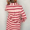 Women's Pink Stripe Collared V Neck Long Sleeve Casual Dress with Pockets - Image 2