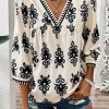 Women's Beige Vintage Geometric Printed 3/4 Sleeve V Neck Blouse - Image 7