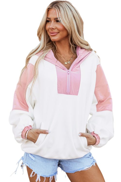 Women's Oversized White Colorblock Patchwork Sherpa Hoodie with Half Zip