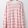 Women's Cozy Pink Stripe Half Button Drop Shoulder Sweater for Casual Wear - Image 8