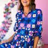 Women's Blue Floral Peasant Sleeve Tiered Ruffle Midi Dress - Image 7