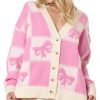 Women's Pink Bowknot Checkered Pattern V Neck Drop Shoulder Button Up Cardigan - Image 16