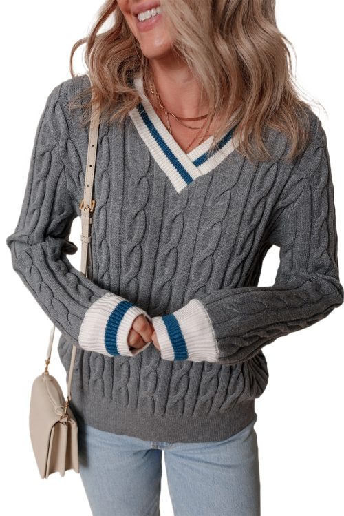 Women's Medium Grey Color Contrast Ribbed Edge Cable Knit V Neck Sweater