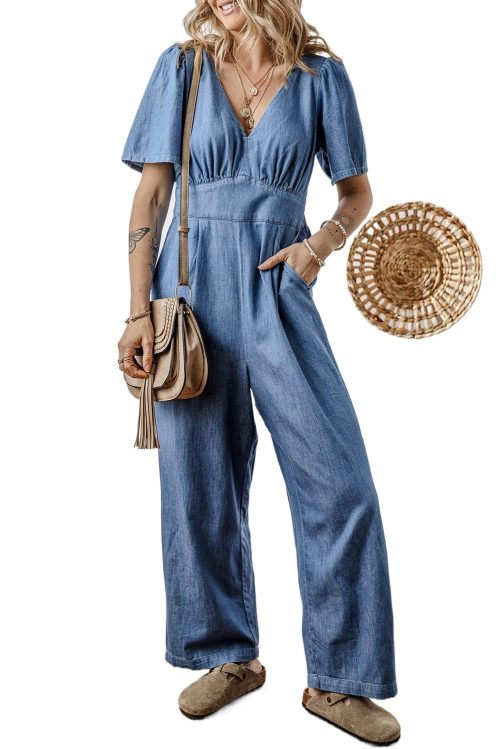 Women's Ashleigh Blue V Neck Short Sleeve Denim Loose Jumpsuit with Smocked Back
