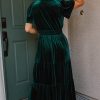 Evergreen Velvet Maxi Dress with Short Sleeves and Tiered Skirt - Image 2