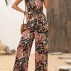 Women's Black Floral Print Belted Sleeveless Wide Leg Jumpsuit for Summer - Image 9