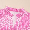 Women's Pink Abstract Print Flutter Sleeve Notch V Neck Blouse with Ric Rac Trim - Image 9