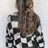 Women's Black Checkered Drop Shoulder Button Front V Neck Cardigan - Image 3