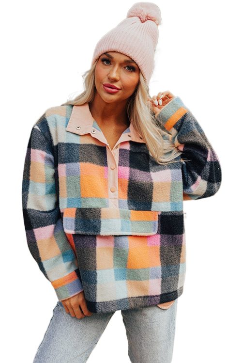 Women's Black Plaid Print Pocketed Half Button Collared Sweatshirt
