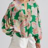 Women's Green Floral Print Button Up Pleated Puff Sleeve Loose Shirt - Image 2