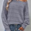 Women's Light Grey Boat Neck Drop Shoulder Pointelle Knit Sweater - Image 7