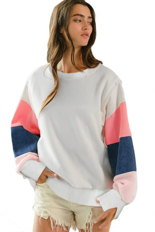 Women's White French Terry Color Block Long Sleeve Top - Casual and Stylish