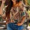 Women's Apricot Paisley Printed Off Shoulder Blouse with Ruffled Draped Sleeves - Image 6
