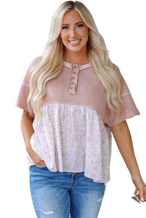 Women's Pink Waffle Floral Patchwork Short Sleeve Top with Exposed Seam Detail