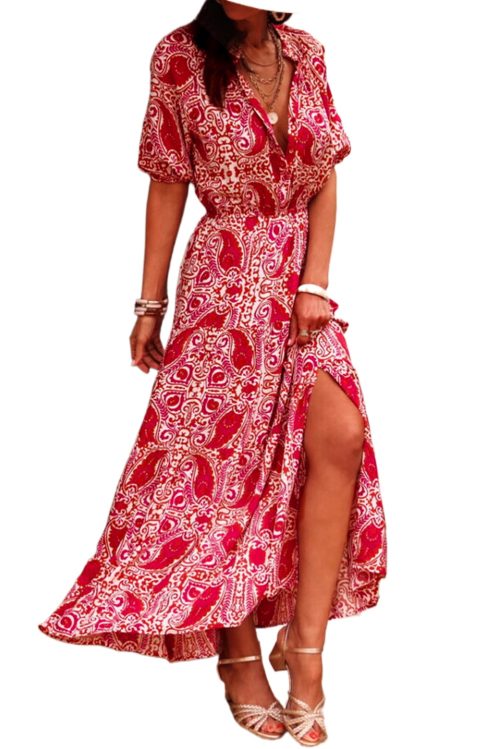 Women's Red Paisley Print Puff Sleeve High Waist Maxi Dress with Side Slit